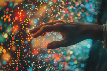 Scientist doctor hand touches virtual molecular structure in the lab.