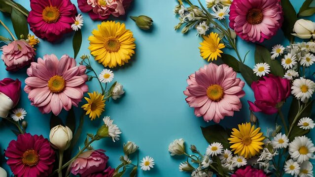flat lay beautiful from floral arrangement with wildflowers daisies, orange and pink flowers against vibrant blue background, space for text, holiday background.