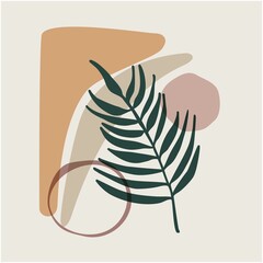 Abstract Modern Vase with Tropical Leaf. Neutral Art, Minimalist Shapes, Boho Decor, Earth Tones. Postcard or brochure cover design