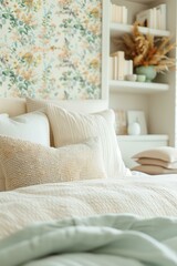 cozy bedroom with a soft color palette, featuring a comfortable bed with layered linens, decorative pillows, a floral wallpaper, and built-in shelving with a reading nook