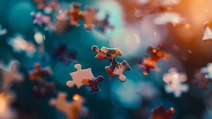 Floating Puzzle Pieces: Several puzzle pieces floating in mid-air, coming together to form a complete picture against a blurred background.