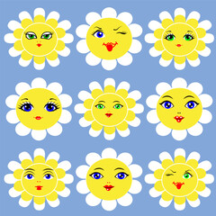 Daisy flowers with cartoon funny smiling faces, chamomile characters. Cute camomile happy emotion. Kids logo design with daisies vector set. Illustration of smile floral flower, bloom camomile	
Daisy 