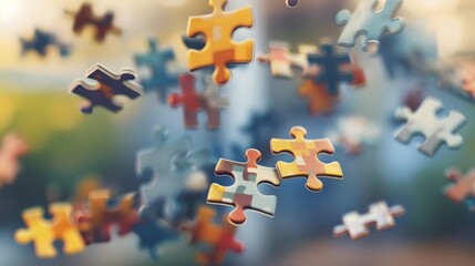 Floating Puzzle Pieces: Several puzzle pieces floating in mid-air, coming together to form a complete picture against a blurred background.