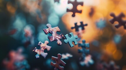 Floating Puzzle Pieces: Several puzzle pieces floating in mid-air, coming together to form a complete picture against a blurred background.