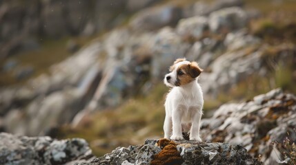 Puppy exploring a rocky outcrop in the hills