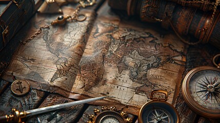 ancient nautical chart navigation map pattern on old paper texture , with telescope and compass background, wallpaper