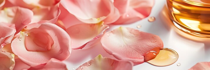 Obraz premium Close-Up of Rose Petals with Golden Liquid in Soft Lighting