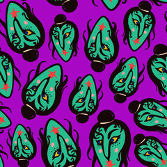 Purple pattern of green playful whimsical cartoon-style faces
