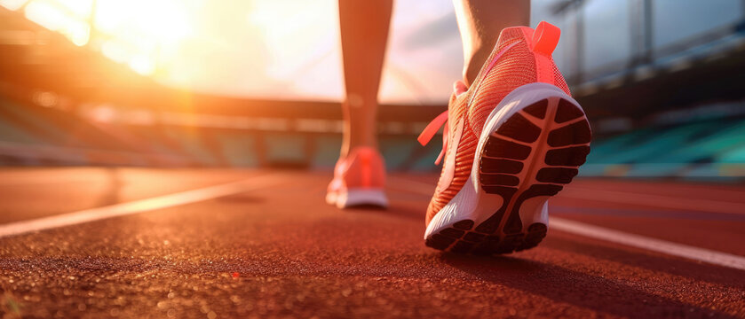 Close up of female runner's shoes on track, with stadium and sunset in background
