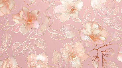 A blush pink and rose gold floral pattern wallpaper, with each flower outlined in shimmering metallic foil for a luxurious touch. The design features delicate blossoms and vines, providing a romantic 