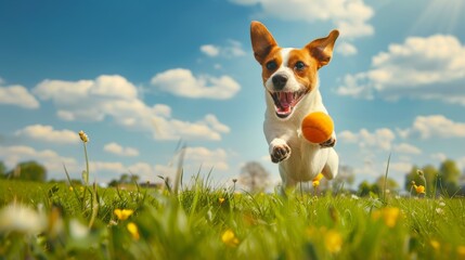 Dog jumping to catch a toy in a meadow