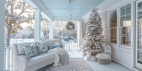 Pretty pastel sofa lounge outdoor living veranda porch Christmas tree decor sunroom exterior aqua white snow lux country chic farmhouse patio cozy cottagecore house  retro vintage kitsch veranda deck 