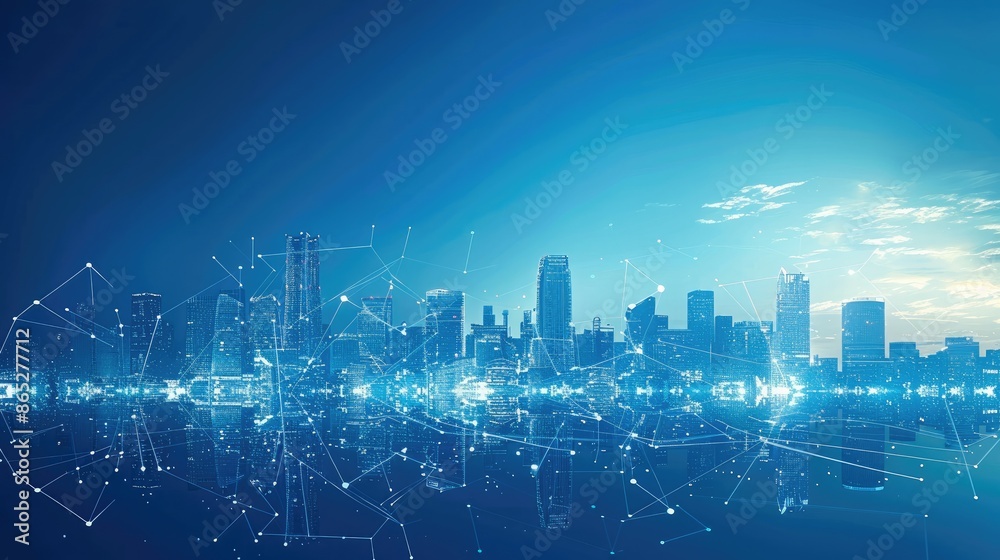 Aufkleber Abstract city skyline using lines and triangles, creating a point-connected network on a blue background. Generative AI.