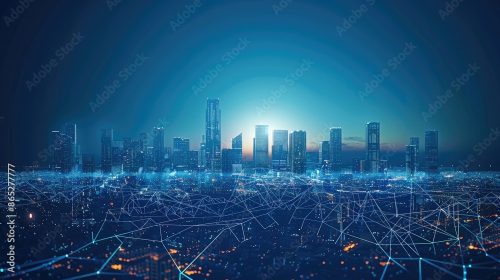 Poster Abstract city skyline using lines and triangles, creating a point-connected network on a blue background. Generative AI.