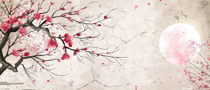 The Moon And Sun Are Framed With A Watercolor Background. Chinese Elements, Cherry Blossom Flower Branches, Bamboo, And Bamboo Branches Decorate The Background. Abstract Logo In Circle Shape.