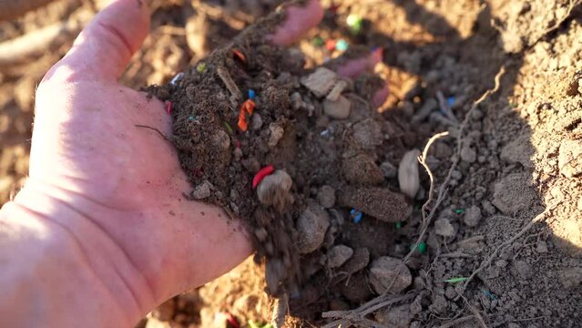 Microplastic pollution. Microplastics in ground. Soil contaminated with microplastics. Plastic waste in soil, earth. Environmental, groundwater disaster. Plastic waste in ground at agricultural field.