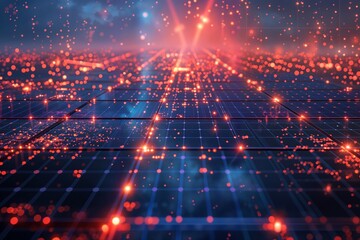 Fototapeta premium Vivid futuristic digital landscape with glowing red and blue lights, symbolizing data flow, technology, and cyber networks in a high-tech environment.