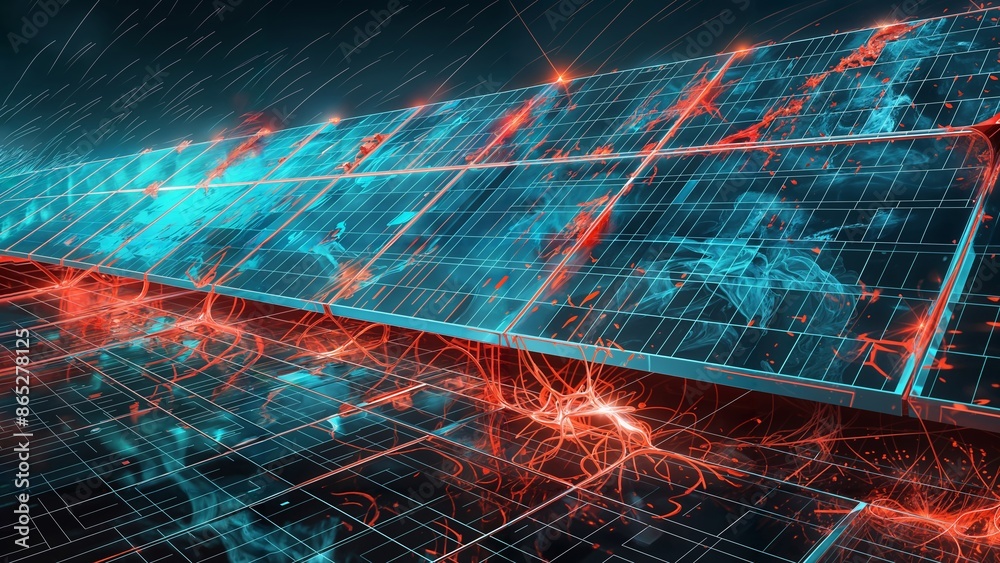Wall mural this image showcases a futuristic solar panel array with a dynamic, abstract overlay of red and blue