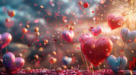 A magical land of fireworks, confetti, balloons, hearts of different sizes and gifts. The tones are different, bright and light. Generative AI.