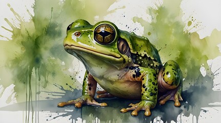 Green Frog Watercolor artwork with a twist Standing out a white background.generative.ai
