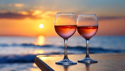 
Two glass of wine near the sea against the sky at sunset. Drink Generative AI
