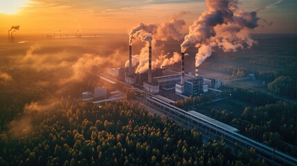 Areal view of a high-tech data center surrounded by beautiful forest, in the background a coal plant with polluting chimneys. Generative AI.