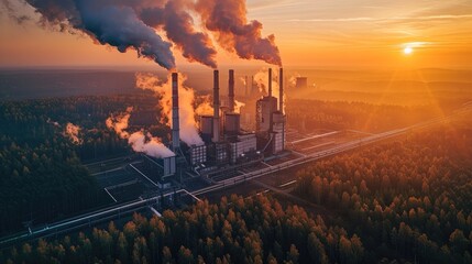 Areal view of a high-tech data center surrounded by beautiful forest, in the background a coal plant with polluting chimneys. Generative AI.