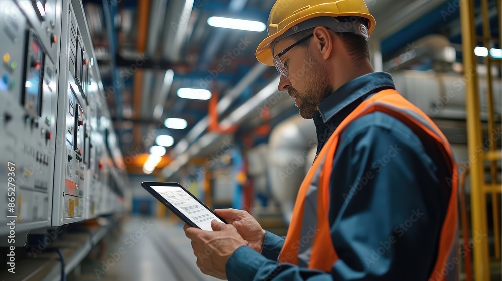 Leinwandbilder A technician looking at a checklist of instructions on an tablet while on a site survey. in the background is access control and cctv security cameras and low voltage patch panels. Generative AI.