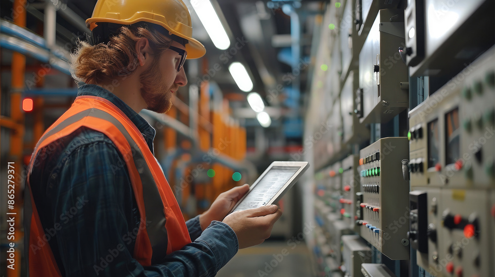 Aufkleber A technician looking at a checklist of instructions on an tablet while on a site survey. in the background is access control and cctv security cameras and low voltage patch panels. Generative AI.