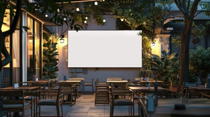 Outdoor Cafe with a Blank Billboard