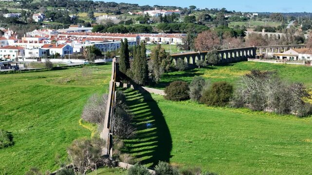 Bird eye view of historic stone Roman Aqueduct at &Eacute;vora, Portugal designed by Francisco de Arruda and built in the 1530s