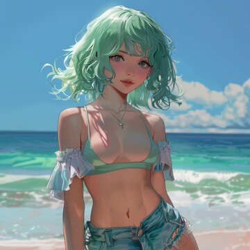Cute Sexy Green Haired Anime Girl At the Beach
