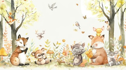 Autumn Celebration with Friendly Animals in a Forest, Ideal for Kids' Educational Material and Decor