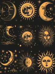 nursery bohemian moon phases and stars on dark color background, wallpaper
