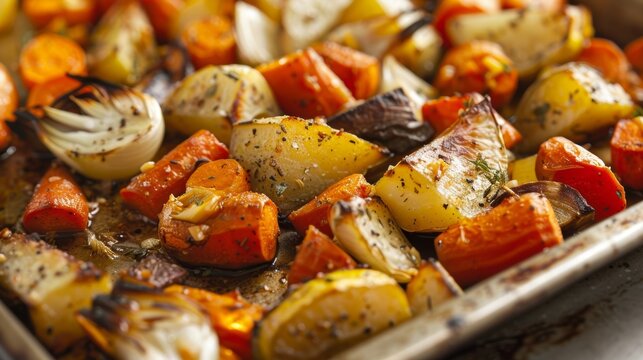 A vibrant mix of roasted root vegetables including carrots pars and tur brushed with a layer of smooth avocado oil to lock in flavor.