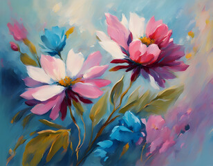 colorful impressionistic flower painting with vibrant pink and blue tones for artistic expression