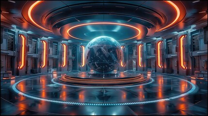 A large circular main stage with LED screens and glass walls, White sci-fi background, blue light strip, and a huge circular platform in the middle. Generative AI.