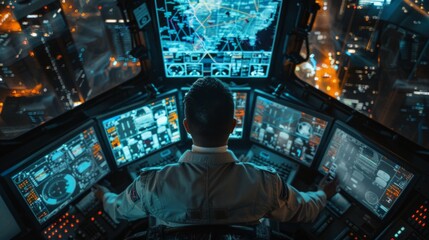 Military operator transmitting gps coordinates of hostile ships to national guard, providing real time data from surveillance CCTV system. Army officer works in power base control center.