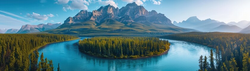 Breathtaking panoramic landscape featuring a majestic mountain range, a winding river, and a lush forest under a clear blue sky.