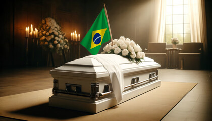 Respect and remembrance: white roses adorn a coffin draped with the Brazil flag, a poignant scene of mourning and patriotism