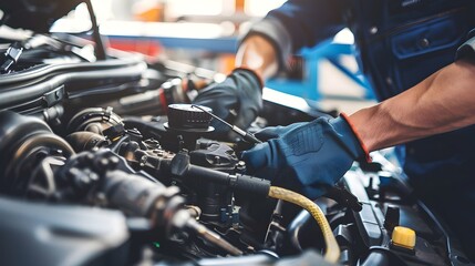 Fototapeta premium Mechanic Examining Car Engine with Diagnostic Tools for Automotive Maintenance