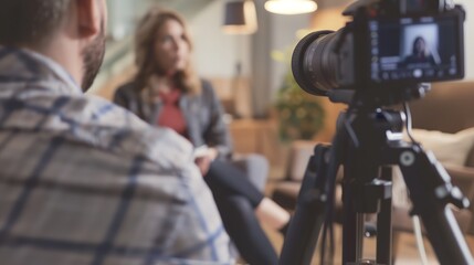 a man and woman sitting in a living room with a camera on a tripod and a couch in the background