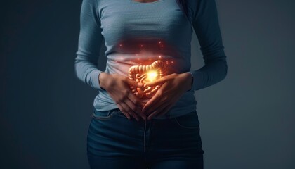 Awareness concept for digestive system issues like colitis IBS and colon cancer in a woman with abdominal pain