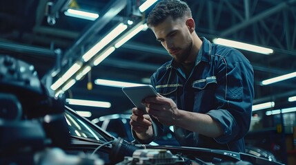 Mechanic Utilizing Digital Tablet for Advanced Engine Diagnostics