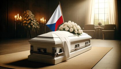 Respect and remembrance: white roses adorn a coffin draped with the Czech flag, a poignant scene of mourning and patriotism
