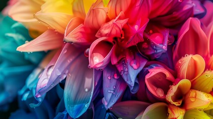 a bunch of flowers with drops of water on them and a rainbow color scheme