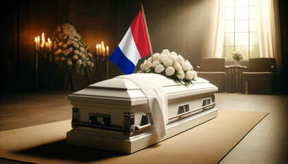 Respect and remembrance: white roses adorn a coffin draped with the France flag, a poignant scene of mourning and patriotism