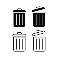 Trash can set icon. Open lid, closed, bin, throw away, rubbish, garbage, litter, clean environment, recycling, recycle. Business concept