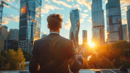 Entrepreneur pitching business proposal to investors against urban backdrop. Concept Entrepreneurship, Business Pitch, Investor Meeting, Urban Background, Innovation. Generative AI.