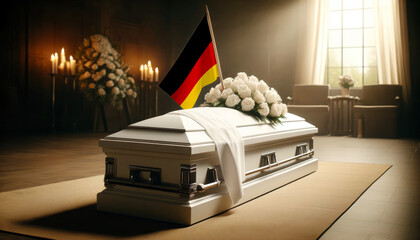 Respect and remembrance: white roses adorn a coffin draped with the Germany flag, a poignant scene of mourning and patriotism